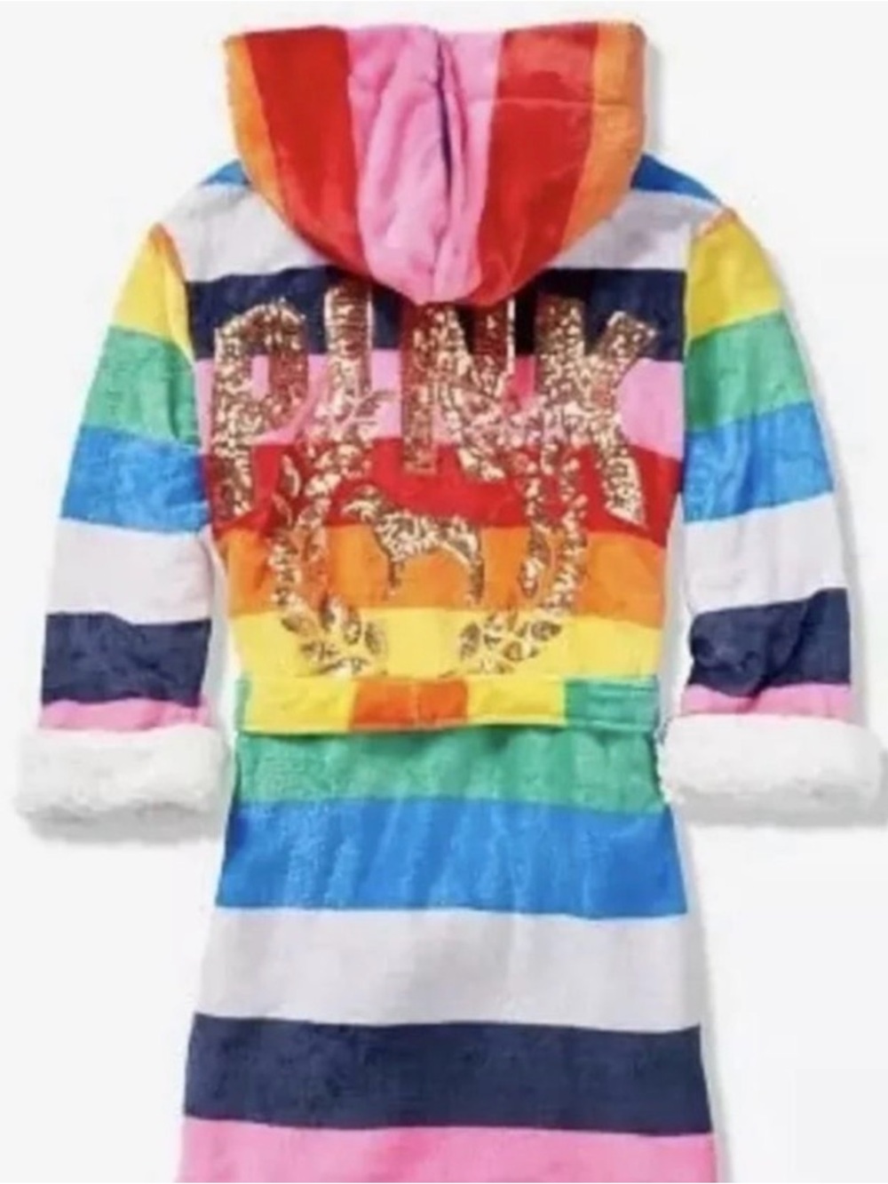🌈 PINK Victoria's Secret Rainbow Striped Robe with Sequin Logo XS 🌈